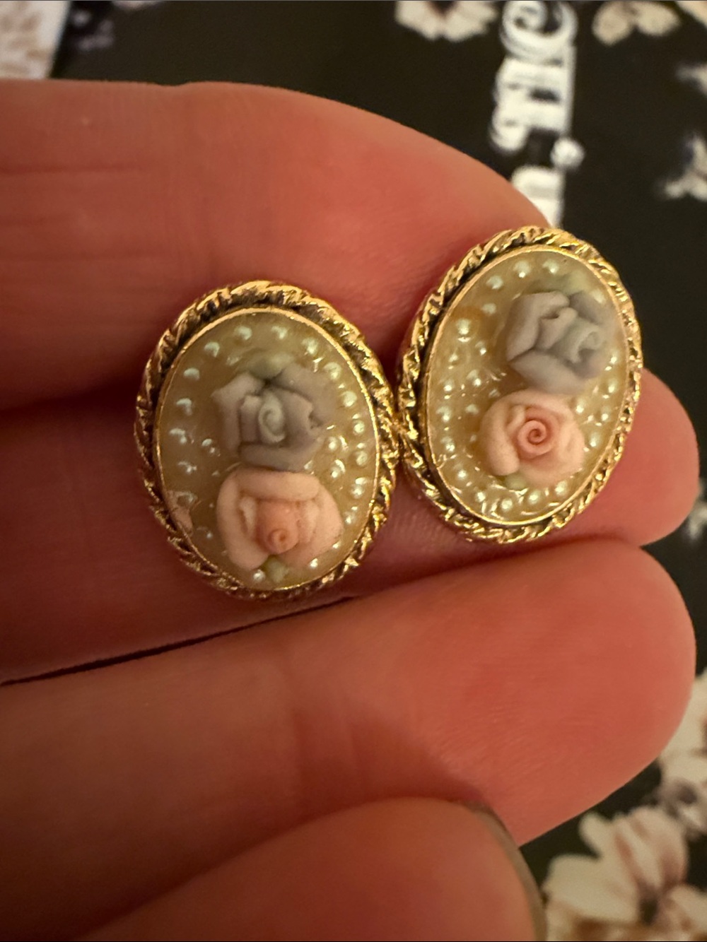1928 Gold-Tone Floral Cameo Earrings in Cream, Pink & Gray